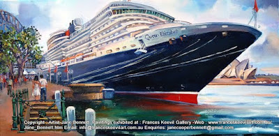 Marine art plein air oil painting of the 'Queen Elizabeth 2' docking at Circular Quay by marine artist Jane Bennett